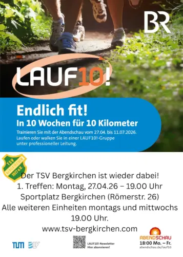 Plakat für Lauf 10! Programm, begleitet vom TSV Bergkirchen